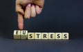 Eustress or stress symbol. Psychologist turns cubes and changes the concept word Eustress to Stress. Beautiful grey table grey