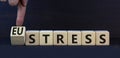 Eustress or stress symbol. Turned the wooden cube and changed the concept word Eustress to Stress. Beautiful grey table grey