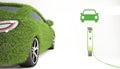 EV car concept 3d render. Electric vehicle covered with realistic grass and charging station.