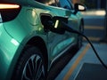 EV Car or Electric car at charging station with the power cable supply plugged in on blurred nature with soft light Royalty Free Stock Photo