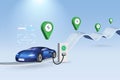 EV car on road with charging stations. Electric vehicle car and rechargable battery for sustainable clean energy resources. Royalty Free Stock Photo