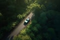 EV car on road going through forest. eco friendly cars.