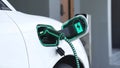 EV charger from home charging station recharging electric car. Peruse