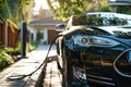 EV charging car on a sunny summer day ourside his garage. Generative AI Royalty Free Stock Photo