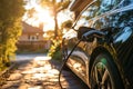 EV charging car on a sunny summer day ourside his garage. Generative AI Royalty Free Stock Photo