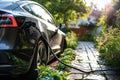 EV charging car on a sunny summer day ourside his garage. Generative AI Royalty Free Stock Photo