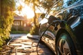 EV charging car on a sunny summer day ourside his garage. Generative AI Royalty Free Stock Photo