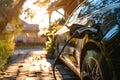 EV charging car on a sunny summer day ourside his garage. Generative AI Royalty Free Stock Photo