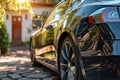 EV charging car on a sunny summer day ourside his garage. Generative AI Royalty Free Stock Photo