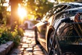 EV charging car on a sunny summer day ourside his garage. Generative AI Royalty Free Stock Photo