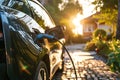 EV charging car on a sunny summer day ourside his garage. Generative AI Royalty Free Stock Photo