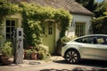 EV charging car on a sunny summer day ourside his garage. Generative AI Royalty Free Stock Photo