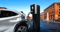 EV charging station for electric car in concept of green energy and eco travel Royalty Free Stock Photo