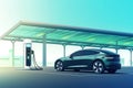 EV charging stations powering electric cars in a futuristic city with connected cable Royalty Free Stock Photo