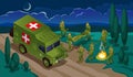 Evacuation of the Wounded Soldiers of Modern Army on Military Ambulance in the night illustration isometric icons on isolated back