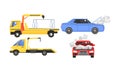 Evacuator Tow Track and Damaged Cars Set, Car Evacuation, Road Assistance Service Help Vector Illustration Royalty Free Stock Photo