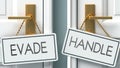 Evade and handle as a choice - pictured as words Evade, handle on doors to show that Evade and handle are opposite options while Royalty Free Stock Photo