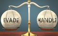 Evade and handle staying in balance - pictured as a metal scale with weights and labels evade and handle to symbolize balance and Royalty Free Stock Photo