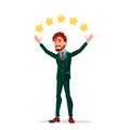 Evaluation Of Customer Service. Manager Throws Up Five Stars From His Hands Vector Flat Cartoon Illustration Royalty Free Stock Photo