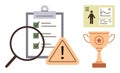 Evaluation Process with Checklist, Magnifying Glass, Warning Symbol, Trophy, and Performance Dashboard Royalty Free Stock Photo
