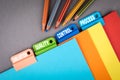 EVALUATION, QUALITY, CONTROL and PROCESS concept. Folder Register of Card Index. Colored pencils Royalty Free Stock Photo