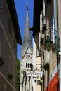 HALLSTATT, AUSTRIA, 28 May 2023: The narrow street to the Evangelical Church in Hallstatt, Austria, Europe.