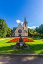 Evangelical Lutheran Church of Transfiguration in Zelenogorsk and Square of Victory. Memorial stone in honor of 75 Royalty Free Stock Photo