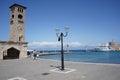 Evangelismos Church, Town hall and The clocktower in Mandraki harbour, Rhodes, Greece Royalty Free Stock Photo