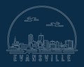 Evansville, Indiana - Cityscape with white abstract line corner curve modern style on dark blue background, building skyline city