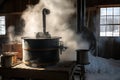 evaporator filled with boiling maple sap, creating steam and sweet smell