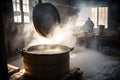 evaporator filled with boiling maple sap, creating steam and sweet smell