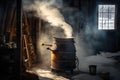 evaporator filled with boiling maple sap, creating steam and sweet smell