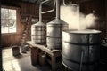 evaporator set up for small-scale maple syrup production, with cooking pots and buckets ready to go Royalty Free Stock Photo
