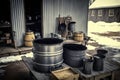 evaporator set up for small-scale maple syrup production, with cooking pots and buckets ready to go Royalty Free Stock Photo