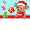 On The Eve. Cartoon Dog With Santa Hat, Gift And Space For Your Christmas Text Vector Banner.