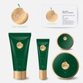 Eve fruit cosmetic logo. Cream logo. Beauty emblem. Gold logo, as apple. Cream jar and tubes mock up.