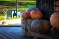 On the eve of Halloween, pumpkins near the house are decorated w