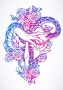 Eve`s hands with forbidden fruit and snake. Beautiful roses around. Hand-drawn vector artwork isolated.