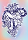 Eve`s hands with forbidden fruit and snake. Beautiful roses around. Hand-drawn vector artwork isolated.