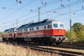 Two diesel locomotives on an electrified line