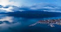Evening above old coastal town in Croatia, aerial view of Vinjerac Royalty Free Stock Photo