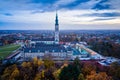 Evening aerial drone view on Czestochowa and Jasna Gora monastery