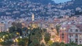 Evening aerial panorama of Nice day to night timelapse, France. Lighted Old Town little streets and Massena square after Royalty Free Stock Photo