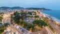 Evening aerial panorama of Nice day to night timelapse, France. Lighted Old Town little streets and waterfront after Royalty Free Stock Photo