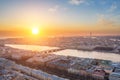Evening aerial view at sunset, on the Neva River, Blagoveshchensky Bridge and the city of St. Petersburg