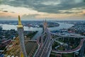 Evening aerial view suspension bridge Bangkok city