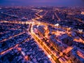 Evening aerial view to residential area in Kharkiv with snow