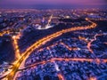 Evening aerial view to residential area in Kharkiv with snow