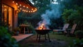 Evening ambiance serene backyard fire pit with warm lighting and comfortable seating. Generative AI Royalty Free Stock Photo