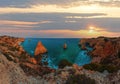 Evening Atlantic rocky coastline top twi;ight view Marinha Beach, Lagoa, Algarve, Portugal